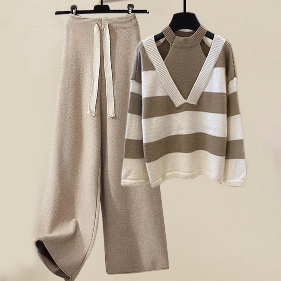 Cozy women's khaki striped loungewear set with soft sweater & relaxed pants. Perfect for casual comfort at home.