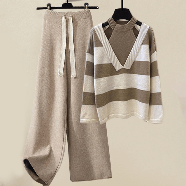 Cozy women's khaki striped loungewear set with soft sweater & relaxed pants. Perfect for casual comfort at home.