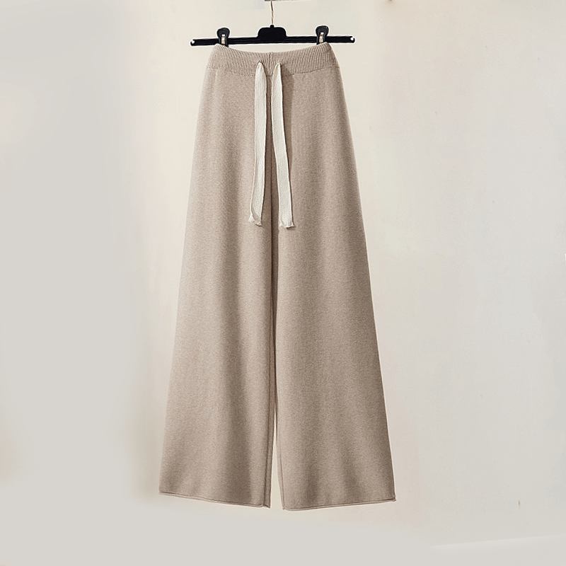 Khaki striped women's loungewear set featuring a cozy sweater and comfortable, relaxed-fit pants.