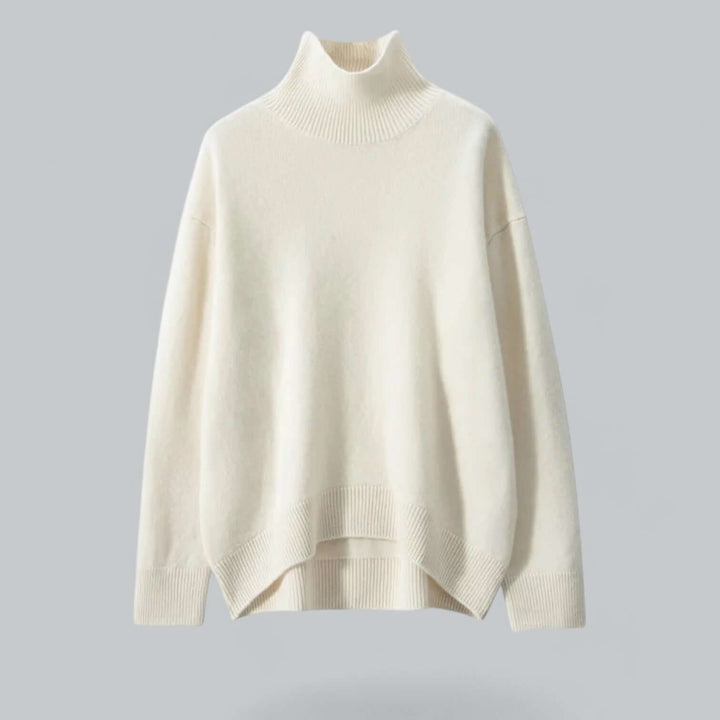 Chic women's knitted roll neck pullover. Elegant long sleeve sweater for cozy winter fashion.