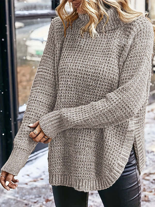 Cozy women's light gray knitted turtleneck sweater with stylish raglan sleeves for fall & winter fashion.