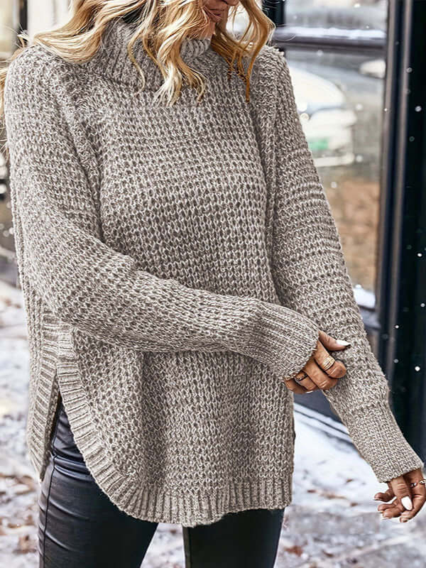 Stylish women's light gray knitted turtleneck top with raglan sleeves, perfect for casual fall & winter wear.
