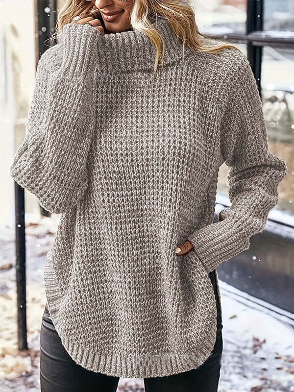 Light gray women's cozy knit turtleneck sweater, a comfortable and fashionable long-sleeve top.