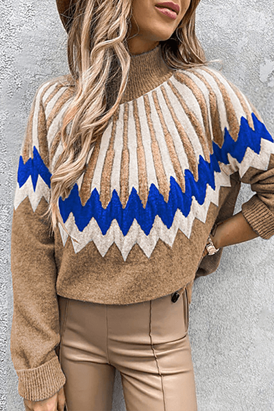 Stylish women's long sleeve sweater. Chic printed collar knit for cozy fall fashion.