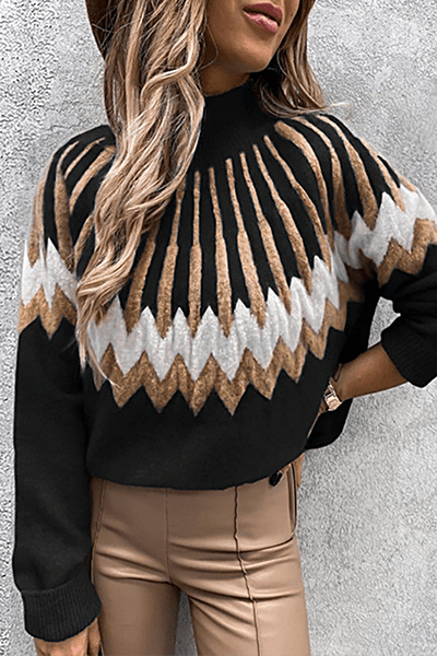 Chic women's fall sweater with unique printed collar. Soft knit long sleeve pullover.