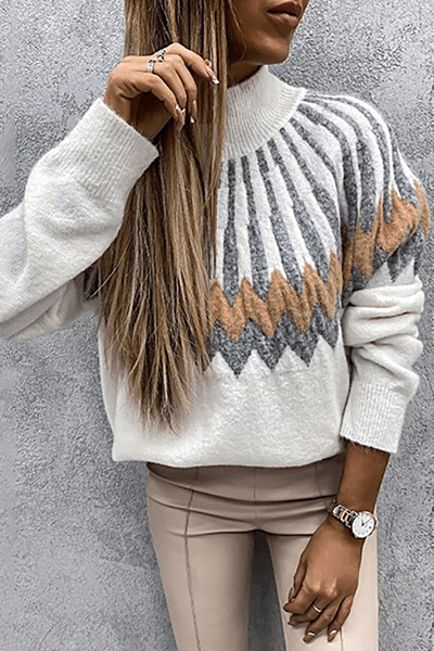 Cozy women's knit sweater. Stylish long sleeve pullover with a trendy printed collar.