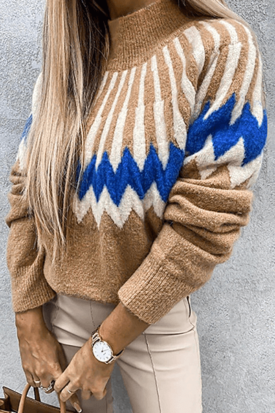 Women's stylish printed collar sweater. Soft knit, long sleeve, perfect for fall fashion.