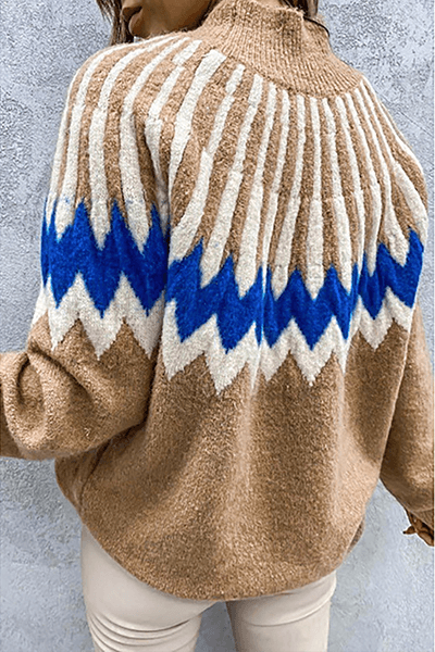 Fall fashion women's sweater. Cozy long sleeve knit with a stylish printed collar.