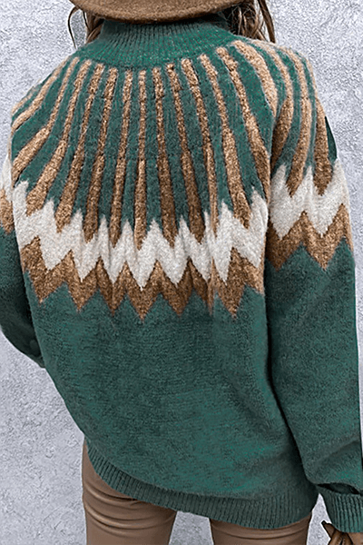 Chic women's knit sweater. Cozy long sleeve pullover with a unique printed collar for fall.