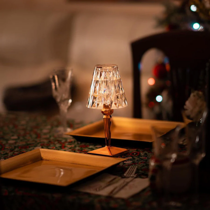 Ambient CrystalLuxe lamp, modern crystal design providing a soft, luxurious glow to home interiors.