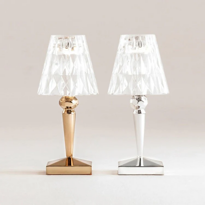 Modern CrystalLuxe table lamp, perfect ambient lighting for a chic living room.