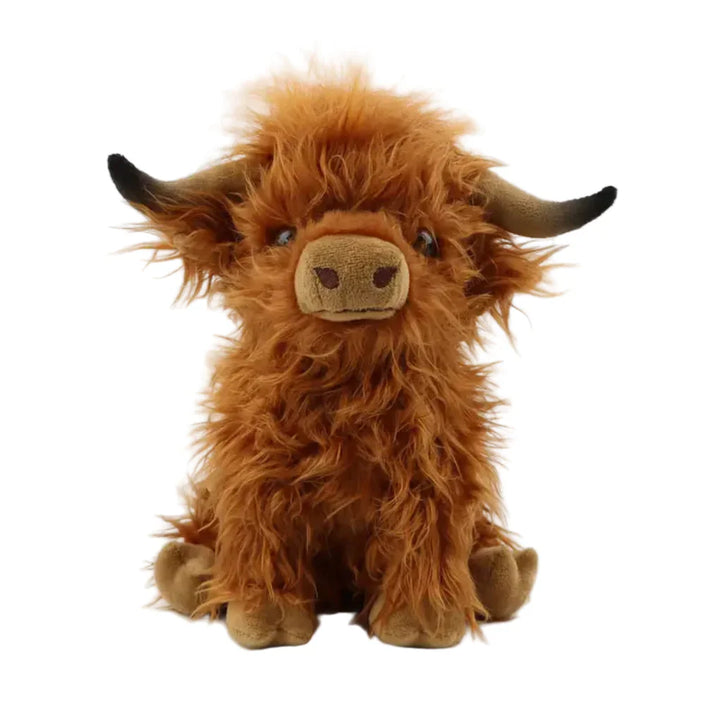 Cuddly Highland Cow plush toy, soft brown fur, perfect stuffed animal for kids & babies, cute home decor gift.