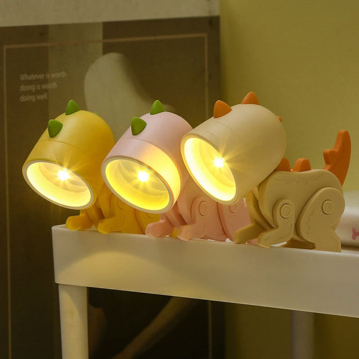 Cute green dinosaur night light for kids' bedroom, providing a soft ambient glow.