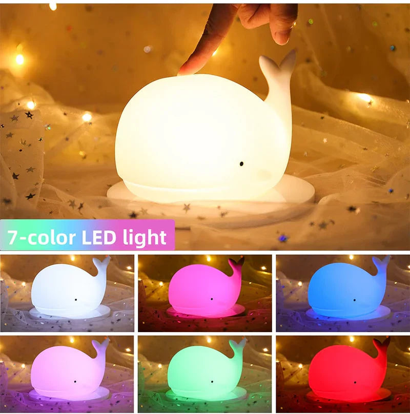 GlowWhale silicone night light with touch control, soothing LED glow, ideal bedtime companion.