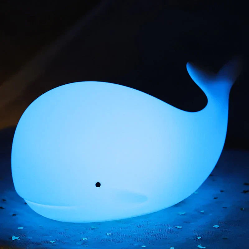 Soft LED whale night light, color changing, a charming and soothing addition to any nursery decor.