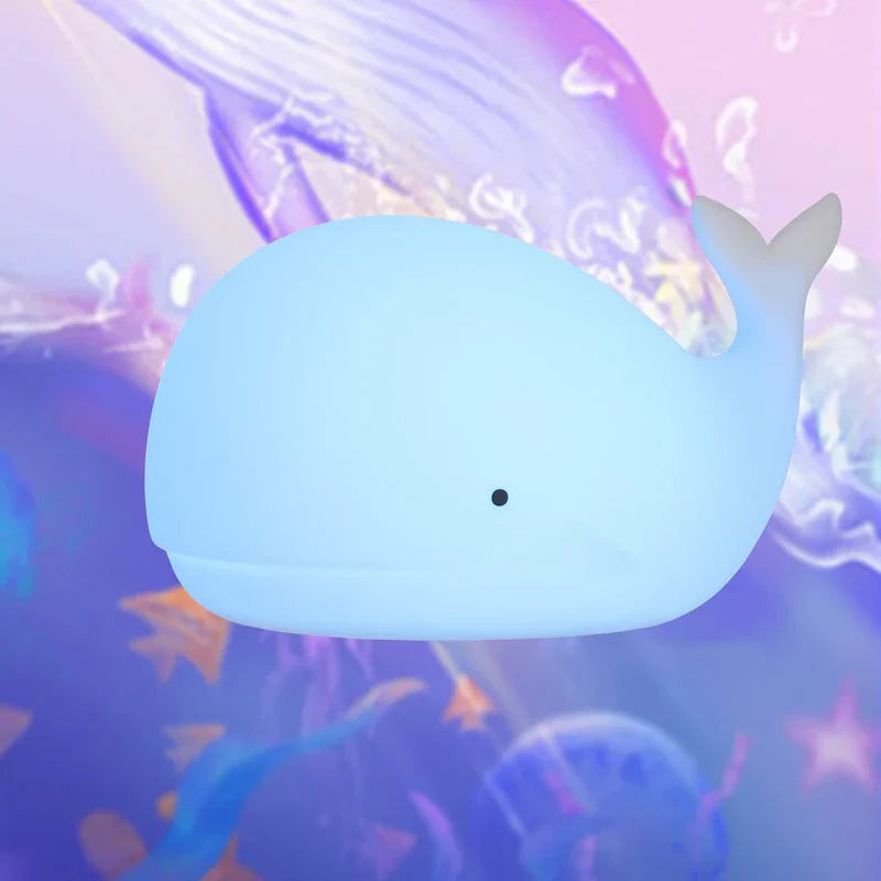 Kids' cute whale night light, soft LED, color-changing, a perfect soothing children's lamp.