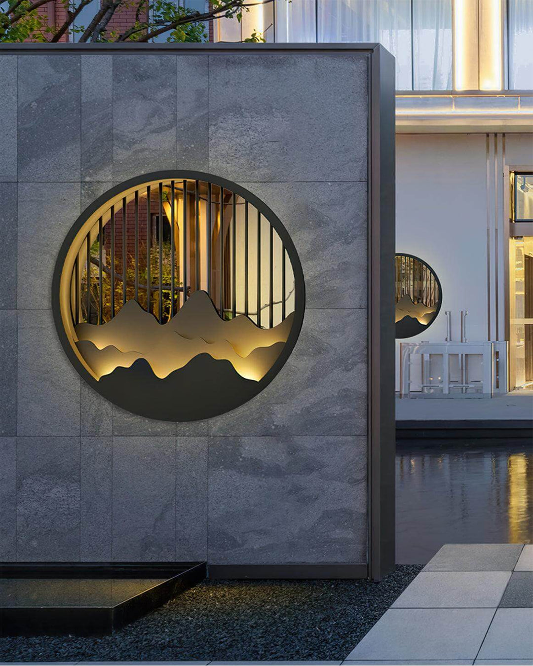 Outdoor LED Wall Light with Circular Mountain Motif