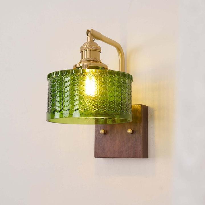 Rustic Green Glass Wall Light with Wooden Base