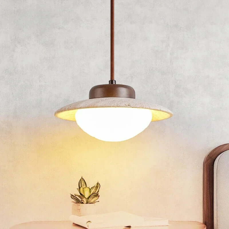 Vintage Walnut & Stone Pendant Light with LED