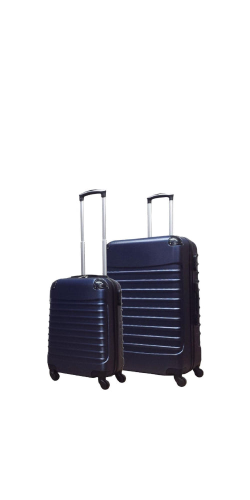 Dark blue 2-piece hardshell unisex luggage set for travel. Durable rolling suitcases, perfect for vacation & business trips.