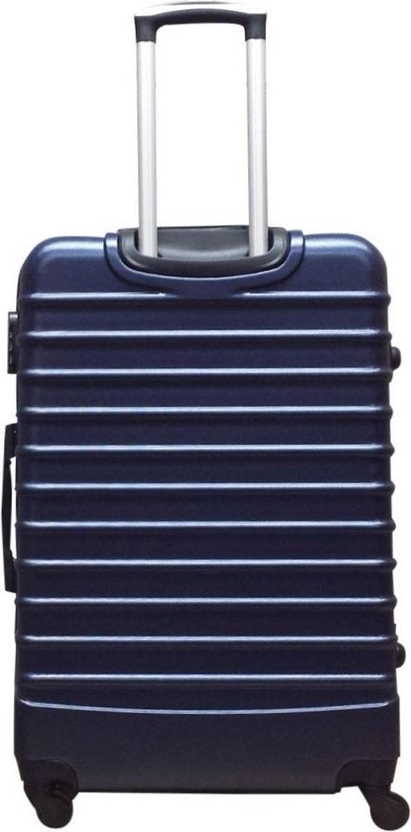 Modern dark blue hardshell 2-piece luggage set. Unisex rolling suitcases for efficient & organized vacation travel.