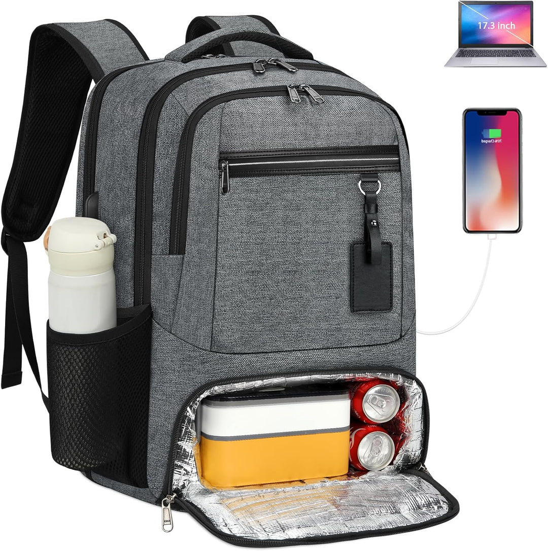 Dark grey waterproof laptop & lunch backpack with USB charging port. Perfect for commuting.