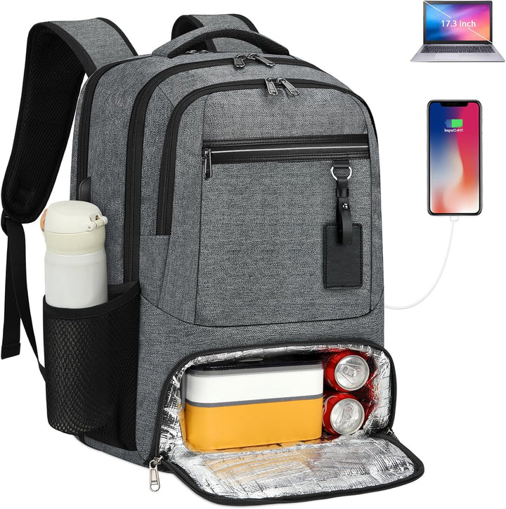Dark grey waterproof laptop & lunch backpack with USB charging port. Perfect for commuting.