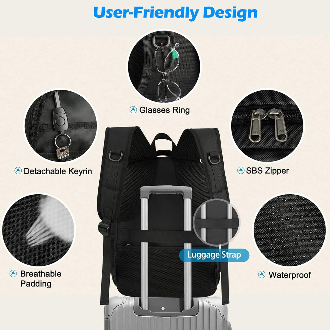 Navy blue insulated lunch backpack, also a waterproof laptop bag with USB charging.