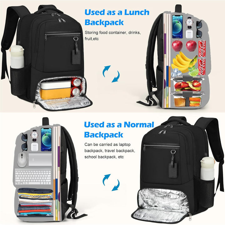 Multi-compartment dark grey backpack, waterproof with laptop sleeve & USB charging.