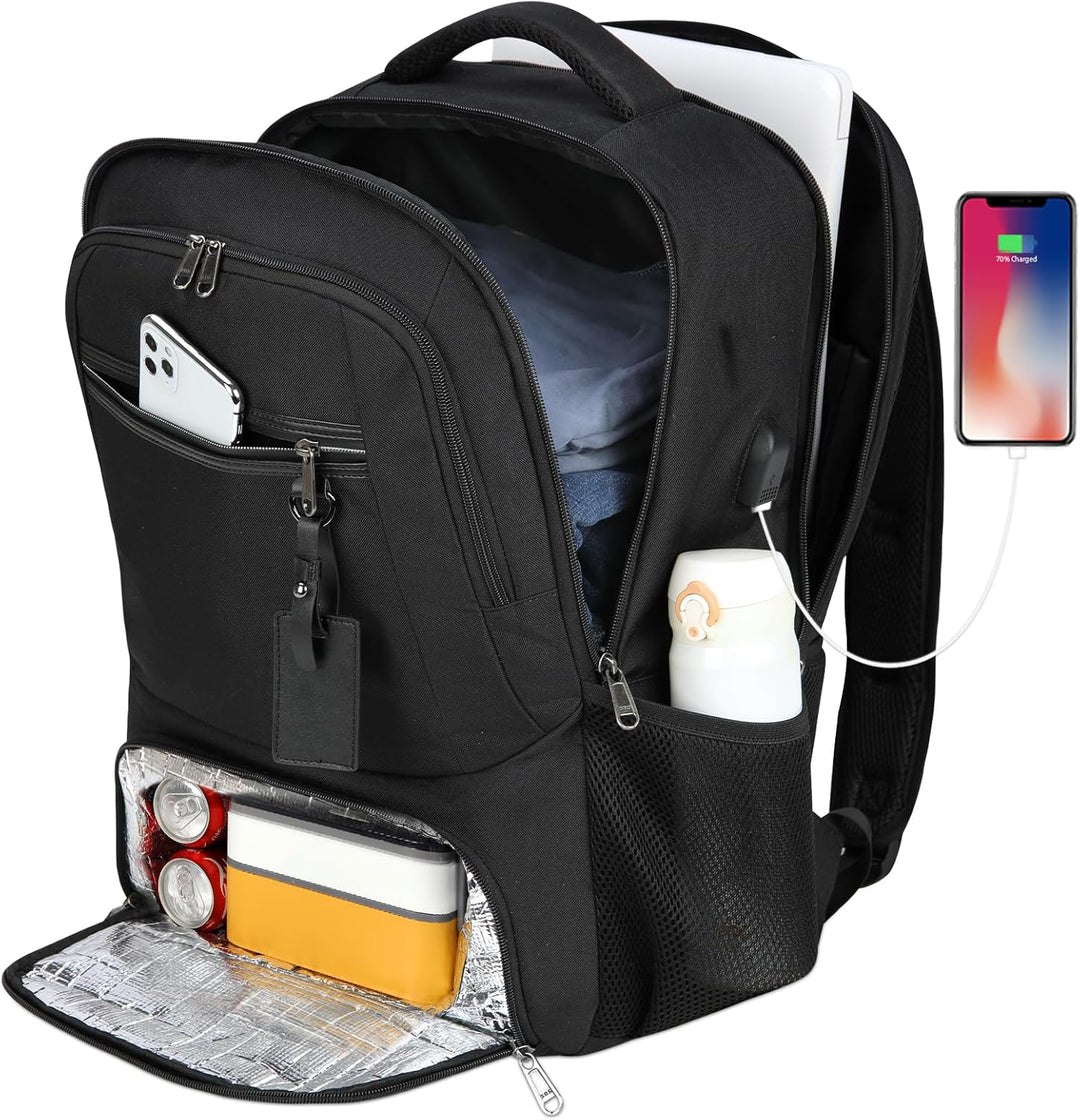 Unisex navy blue waterproof commuter bag, integrated USB port & insulated lunch area.