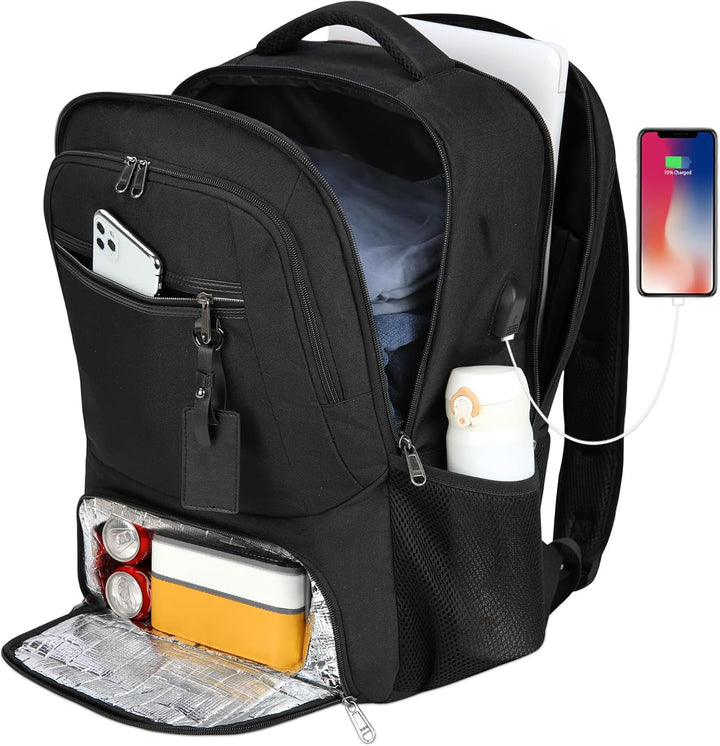 Unisex navy blue waterproof commuter bag, integrated USB port & insulated lunch area.