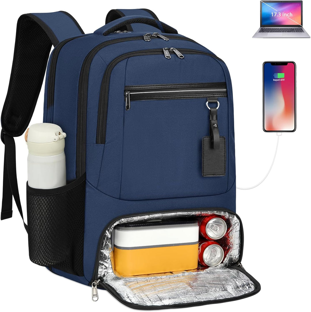 Dark grey waterproof laptop & lunch backpack, with USB charging for tech on the go.