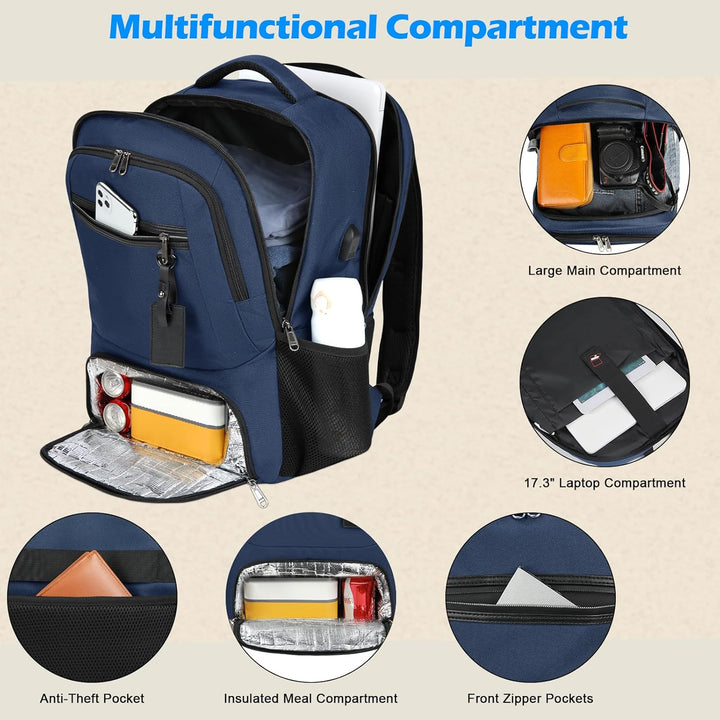 Navy blue travel backpack, TSA friendly, waterproof, with insulated lunch pocket & USB.