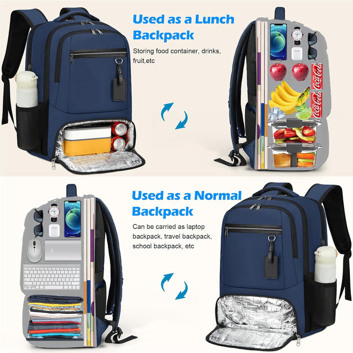 Unisex navy blue waterproof work backpack, featuring USB charging & an insulated food section.