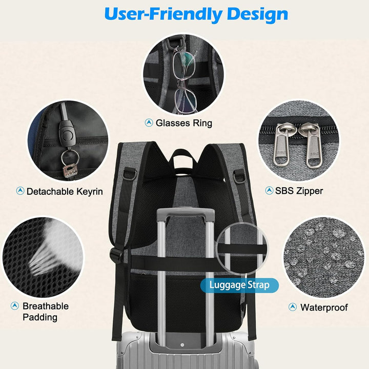 Navy blue laptop backpack featuring insulated lunch bag & convenient USB charging.