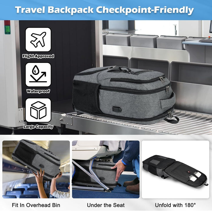 Spacious dark grey waterproof backpack with laptop sleeve, USB charger & lunch pocket.