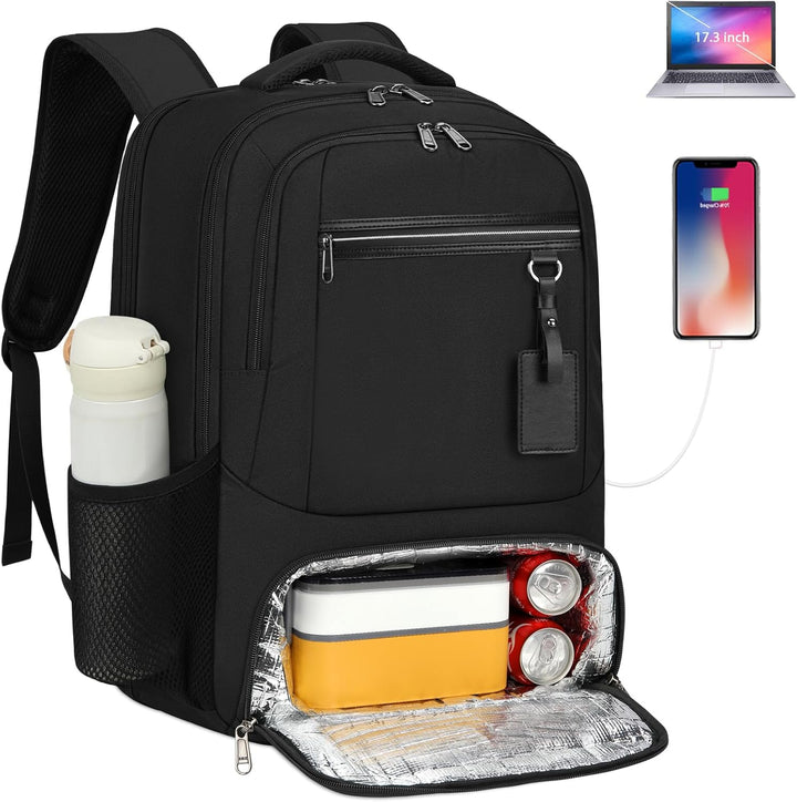 TSA friendly dark grey travel backpack with insulated lunch section & external USB port.