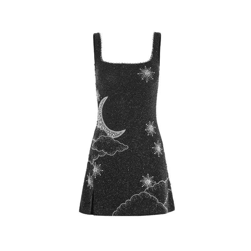 Sparkling women's black sequin mini dress, perfect for a night out or cocktail party. Glamorous evening celebration.