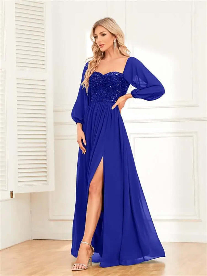 Elegant women's sequin off-shoulder formal gown. Long sleeve dress with a daring high slit for evening glamour.