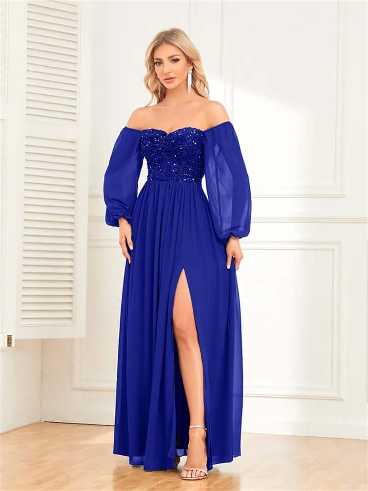 Stunning sequin off-shoulder formal gown with high slit. Perfect women's party or prom dress for dazzling glamour.