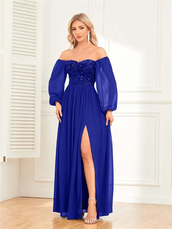 Stunning sequin off-shoulder formal gown with high slit. Perfect women's party or prom dress for dazzling glamour.