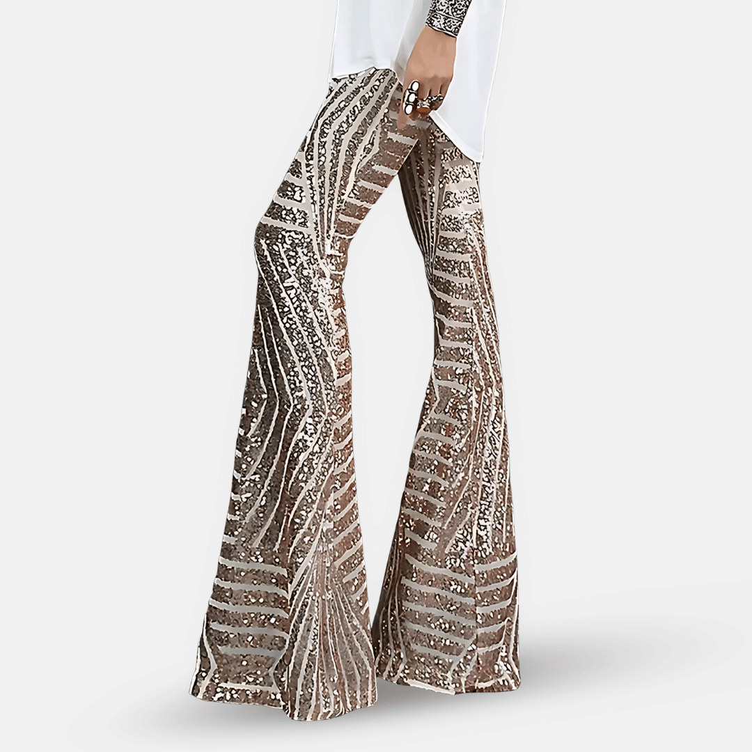 Dazzling women's high waist sequin flare pants for glamorous party wear & club nights.