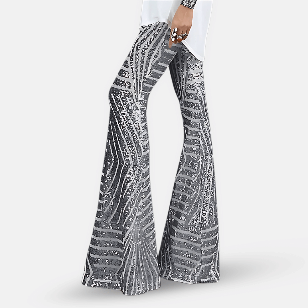Women's shimmering high waist flare pants with dazzling sequins, perfect for festival fashion.