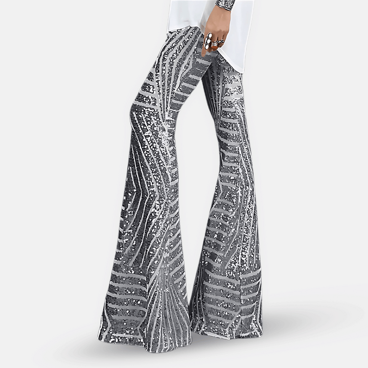 Women's shimmering high waist flare pants with dazzling sequins, perfect for festival fashion.