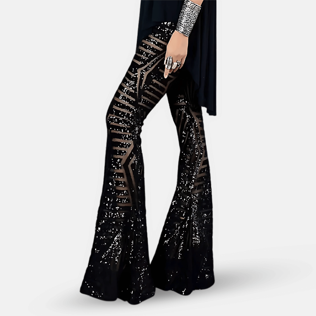 Glamorous women's sequin flare pants, high waist design, ideal for evening wear & statement looks.