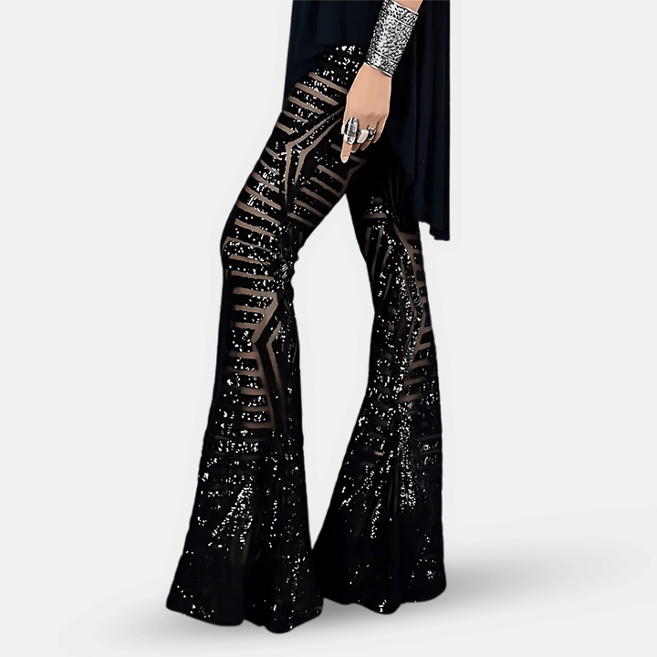 Glamorous women's sequin flare pants, high waist design, ideal for evening wear & statement looks.