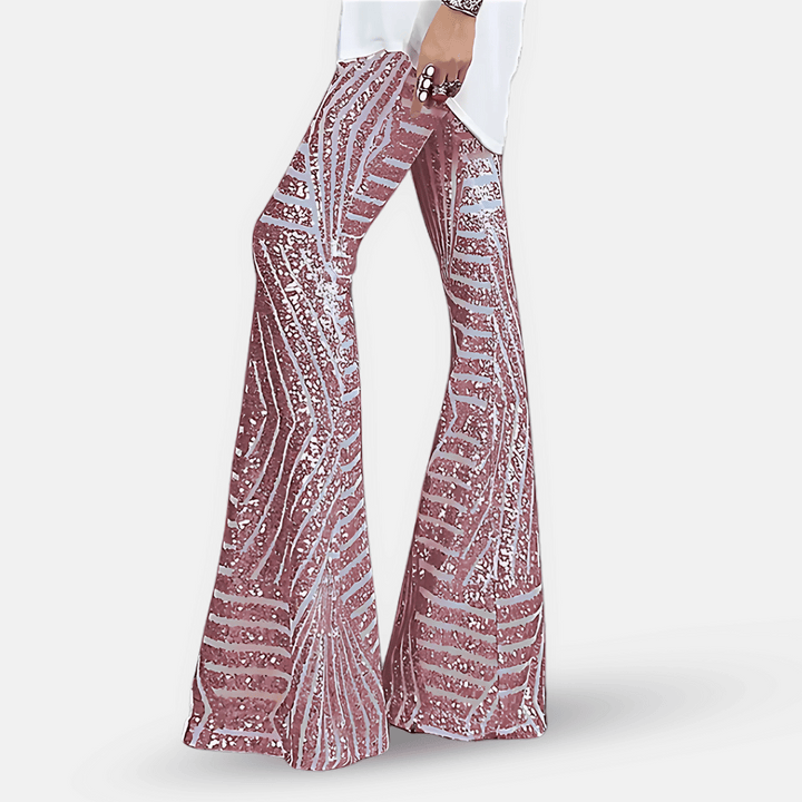 Women's glitter sequin high waist flare pants, stylish & dazzling for festival fashion and streetwear.