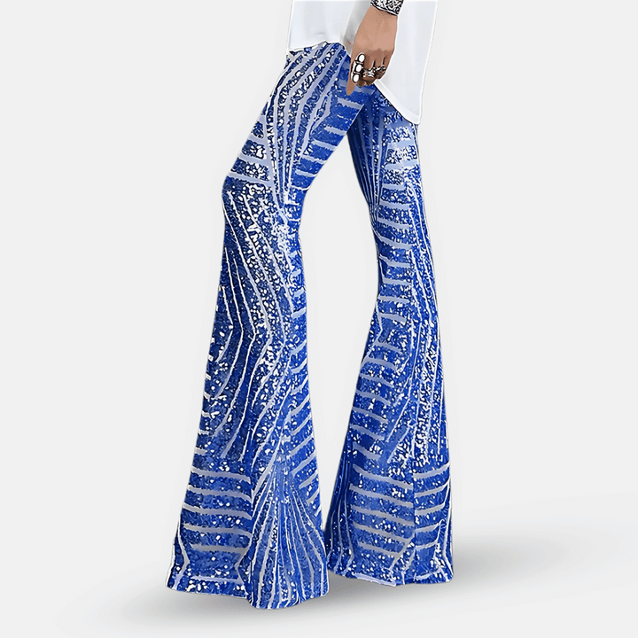 Statement women's dazzling sequin flare pants, high waist, perfect for glamorous party & evening wear.