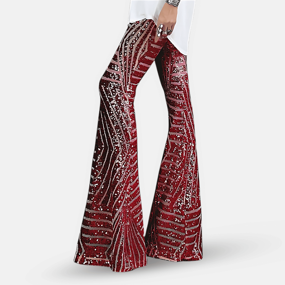 Fashionable high waist sequin flare pants for women, dazzling glitter, ideal for club, party, festival.