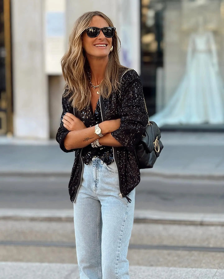 Trendy women's sequin jacket, ideal for evening wear & party events. Dazzling spring fashion blazer.